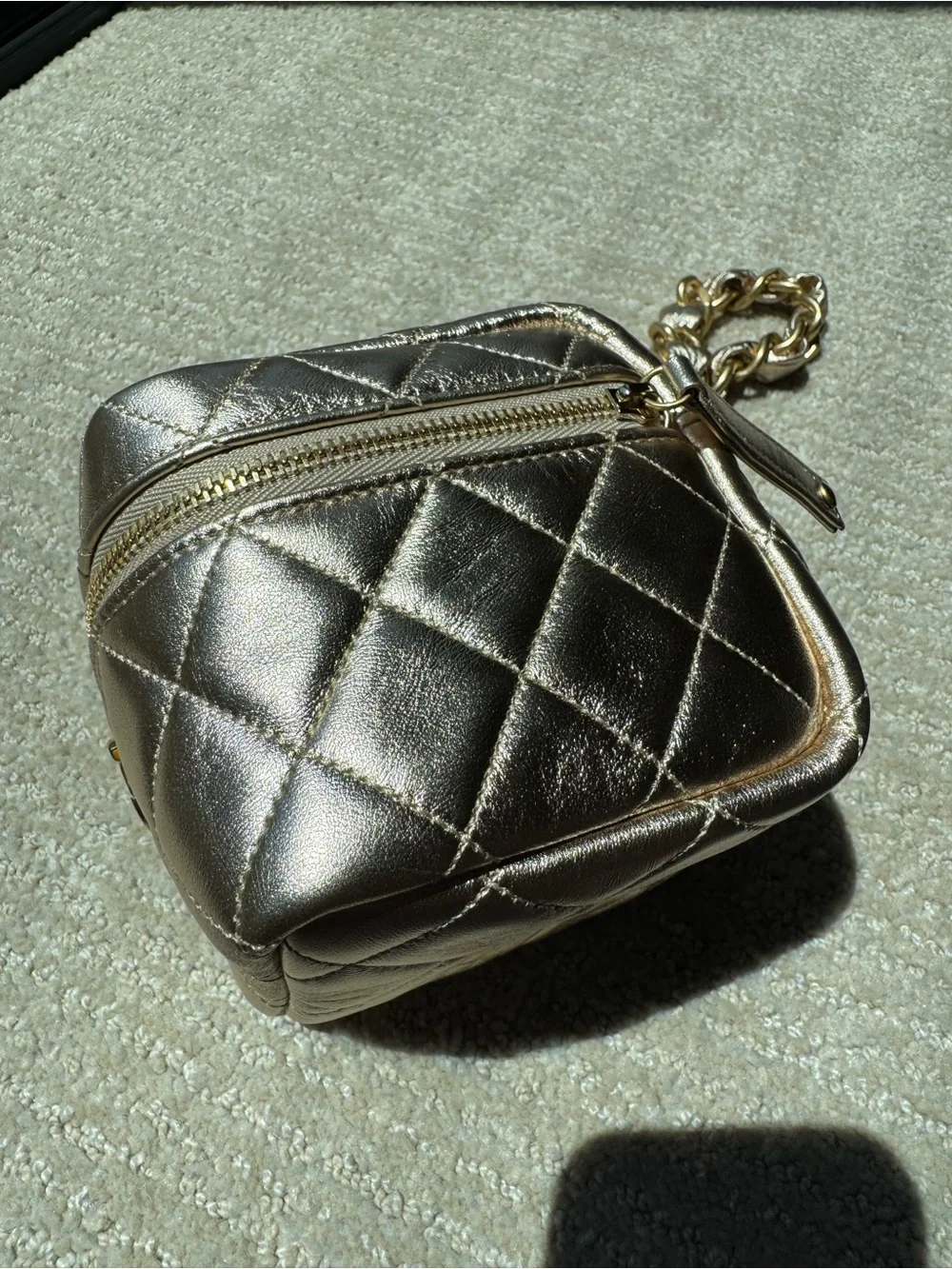 CHANEL Metallic Gold Quilted Mini Cube Vanity Bag with CC Logo, 22C collection